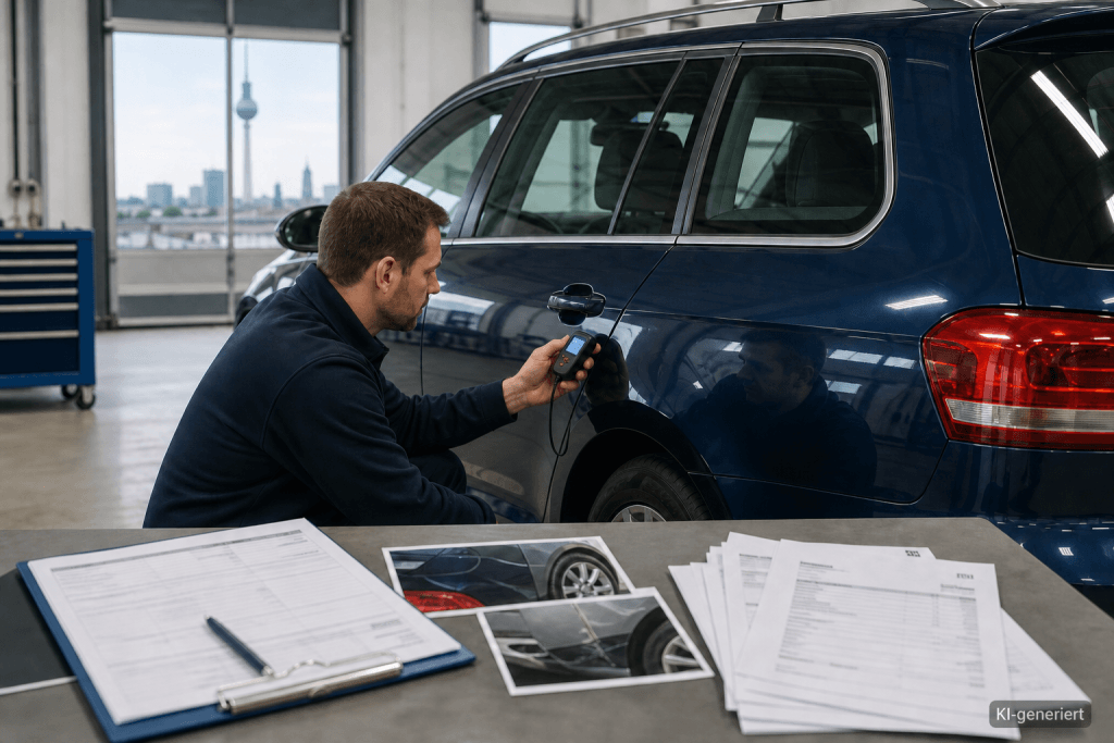 Kfz-Gutachter misst die Lackschicht eines gebrauchten Autos in einer Prüfhalle in Berlin