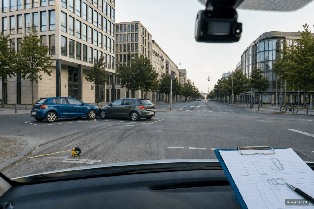 Dashcam-Perspektive auf eine Berliner Kreuzung mit dokumentiertem Verkehrsunfall und Unterlagen für ein Unfallgutachten