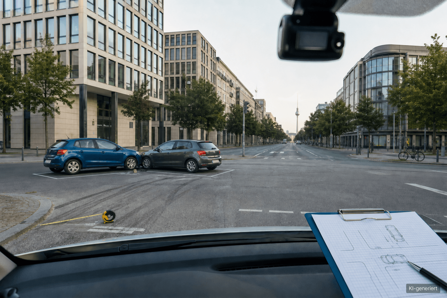 Dashcam-Perspektive auf eine Berliner Kreuzung mit dokumentiertem Verkehrsunfall und Unterlagen für ein Unfallgutachten
