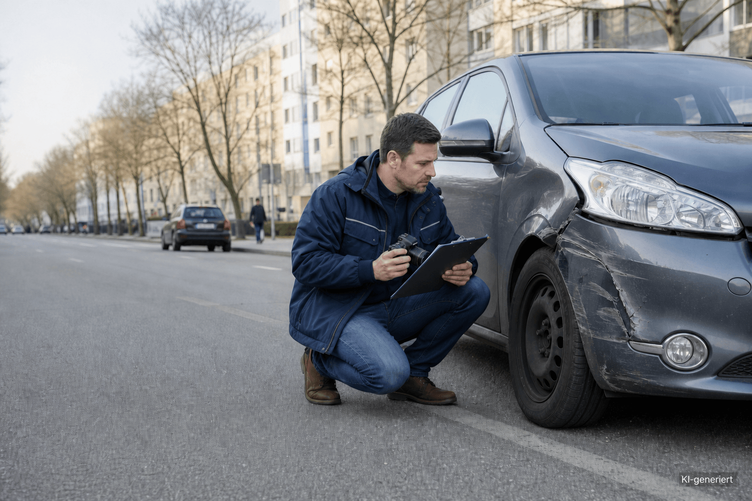 Unabhängiger Sachverständiger dokumentiert einen Unfallschaden an einem Auto in Berlin