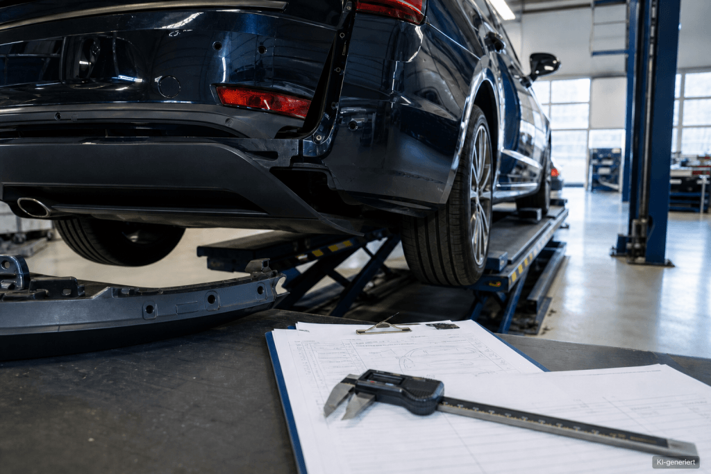 Fahrzeug auf einer Hebebühne mit sichtbarer Reparaturspur und Messwerkzeug in einer Kfz-Werkstatt