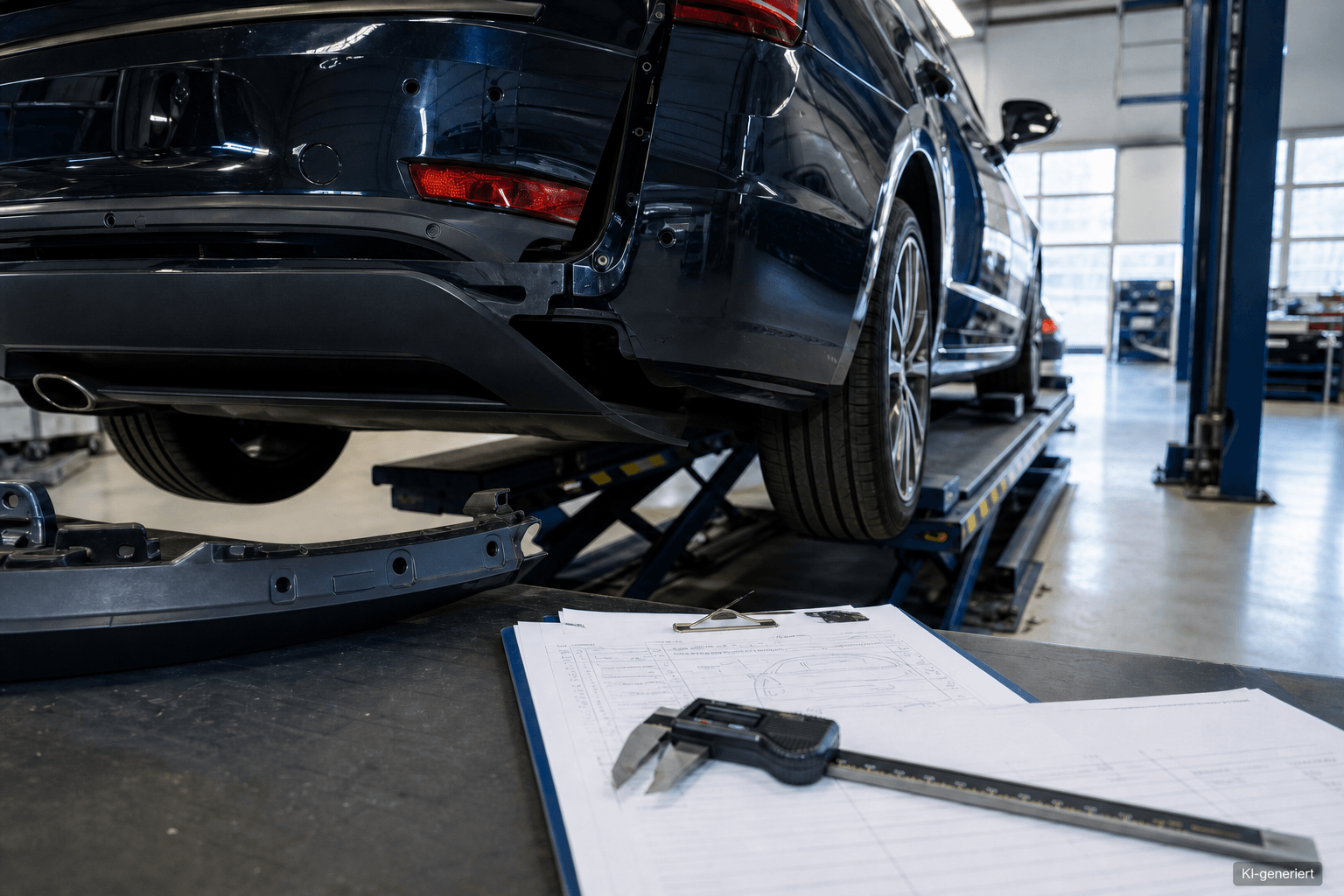 Fahrzeug auf einer Hebebühne mit sichtbarer Reparaturspur und Messwerkzeug in einer Kfz-Werkstatt