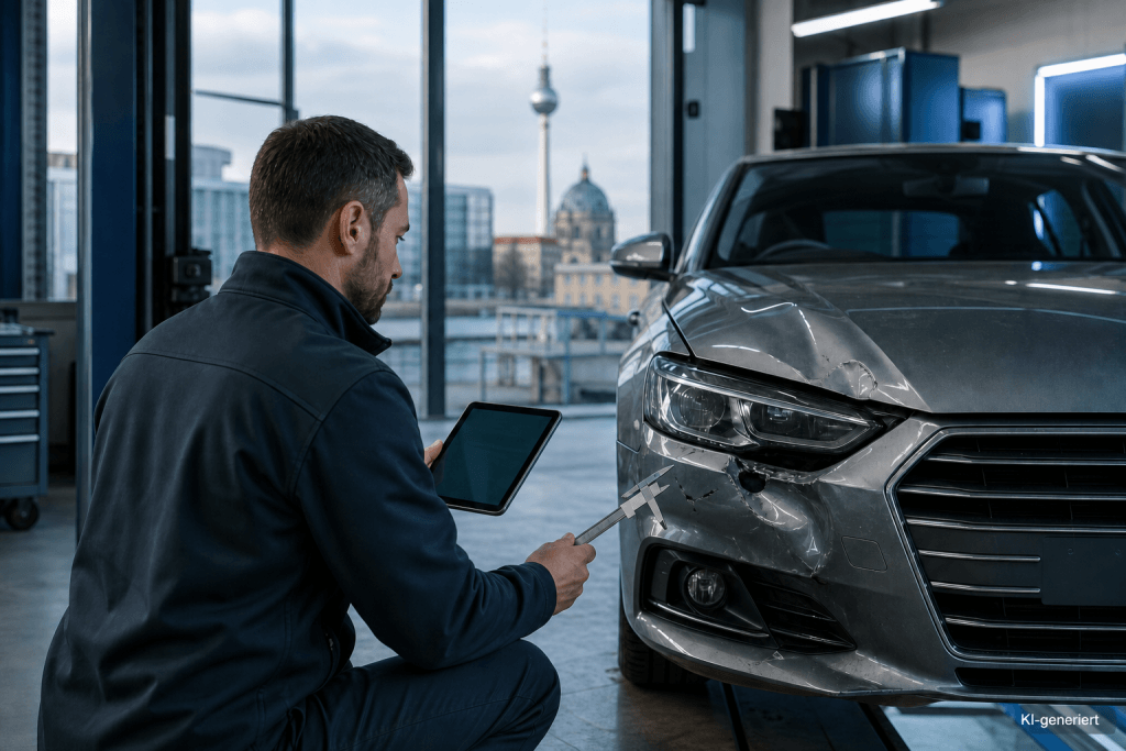 Kfz-Sachverständiger prüft einen beschädigten Pkw in einer Berliner Prüfstation