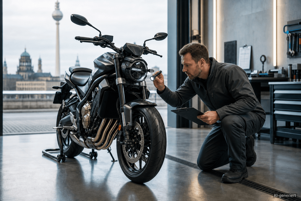 Prüfer kontrolliert Gabel, Lenkkopf und Vorderrad eines gebrauchten Motorrads in einer Berliner Prüfhalle