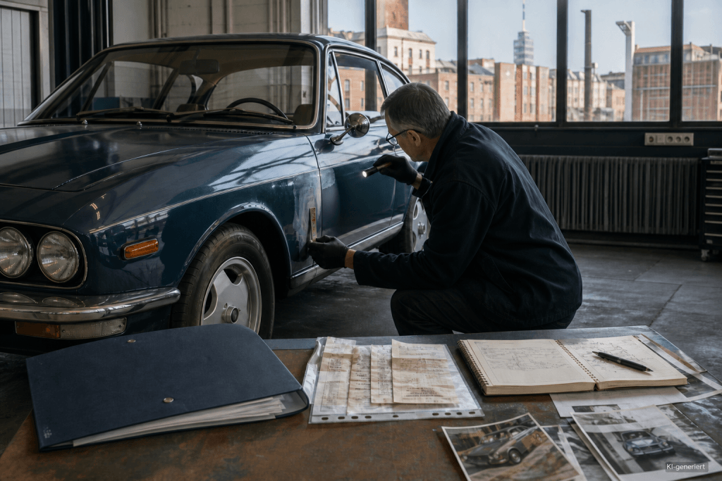 Sachverständiger prüft einen beschädigten Oldtimer und Restaurierungsunterlagen in einer Berliner Werkstatt