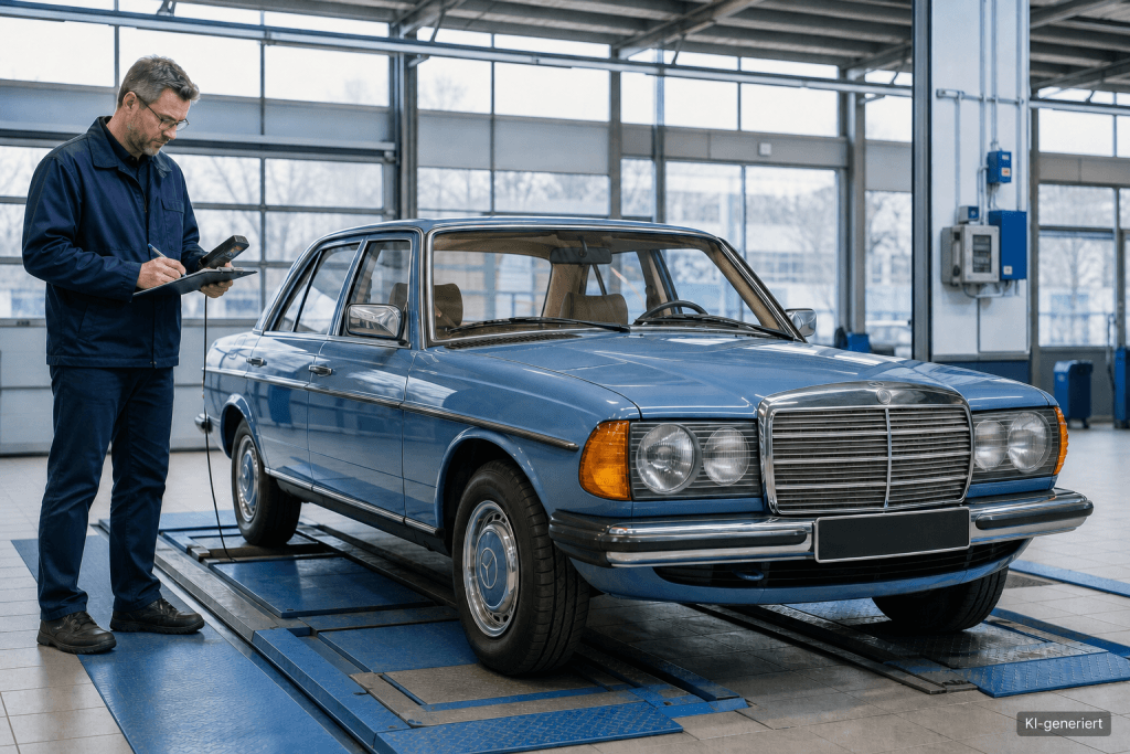 Ein Oldtimer in einer Prüfhalle wird von einem Gutachter besichtigt