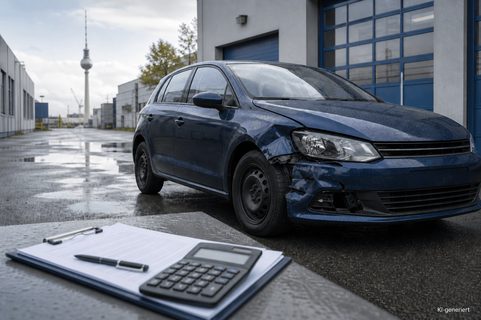 Beschädigtes blaues Auto mit Gutachten und Taschenrechner in einer Berliner Prüfumgebung