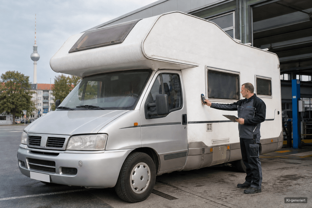 Sachverständiger prüft ein gebrauchtes Wohnmobil an einer Prüfstation in Berlin mit einem Feuchtigkeitsmessgerät.