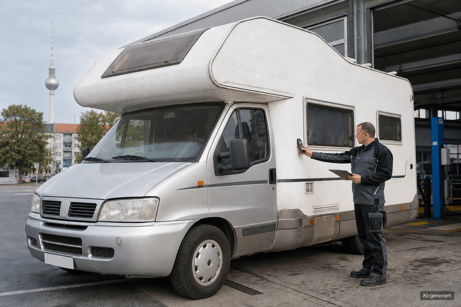 Sachverständiger prüft ein gebrauchtes Wohnmobil an einer Prüfstation in Berlin mit einem Feuchtigkeitsmessgerät.