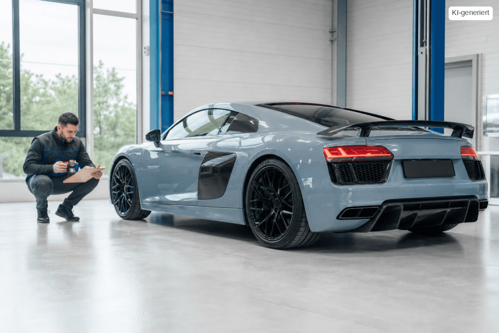 Grauer Audi R8 mit Carbon-Heckflügel und Carbon-Diffusor, daneben ein Kfz-Sachverständiger mit Klemmbrett in einer hellen Prüfhalle