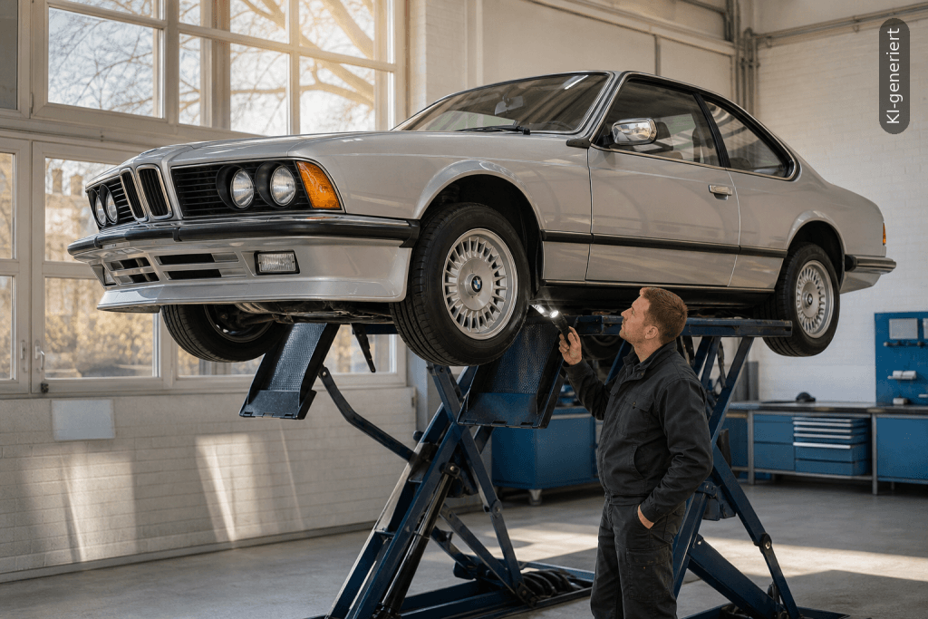 Silberner BMW E24 6er auf der Hebebühne in einer hellen Werkstatt, ein Prüfingenieur leuchtet den Unterboden aus