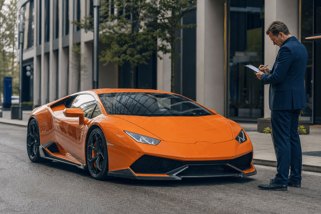 Orangefarbener Lamborghini Huracán mit Carbon-Frontspoiler, daneben ein Sachverständiger mit Klemmbrett
