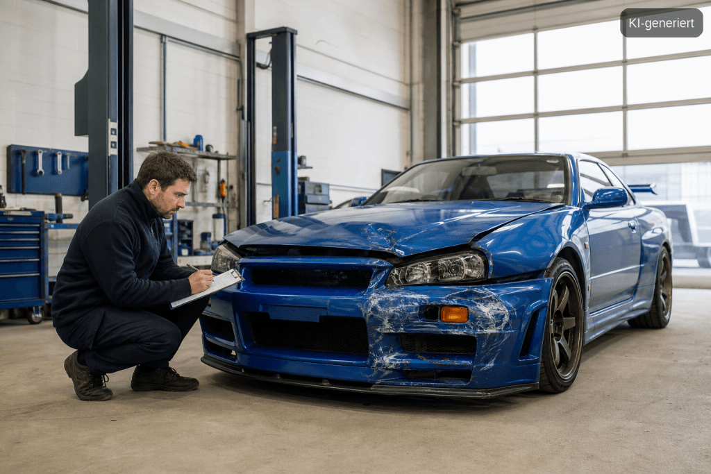 Blauer Nissan Skyline R34 GT-R mit Frontschaden in einer Werkstatt, während ein Kfz-Sachverständiger den Schaden auf einem Klemmbrett dokumentiert