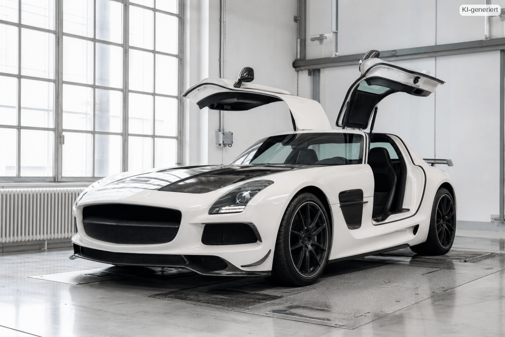 Weißer Mercedes-AMG SLS Black Series mit geöffneten Flügeltüren und Carbon-Motorhaube in einer hellen Halle